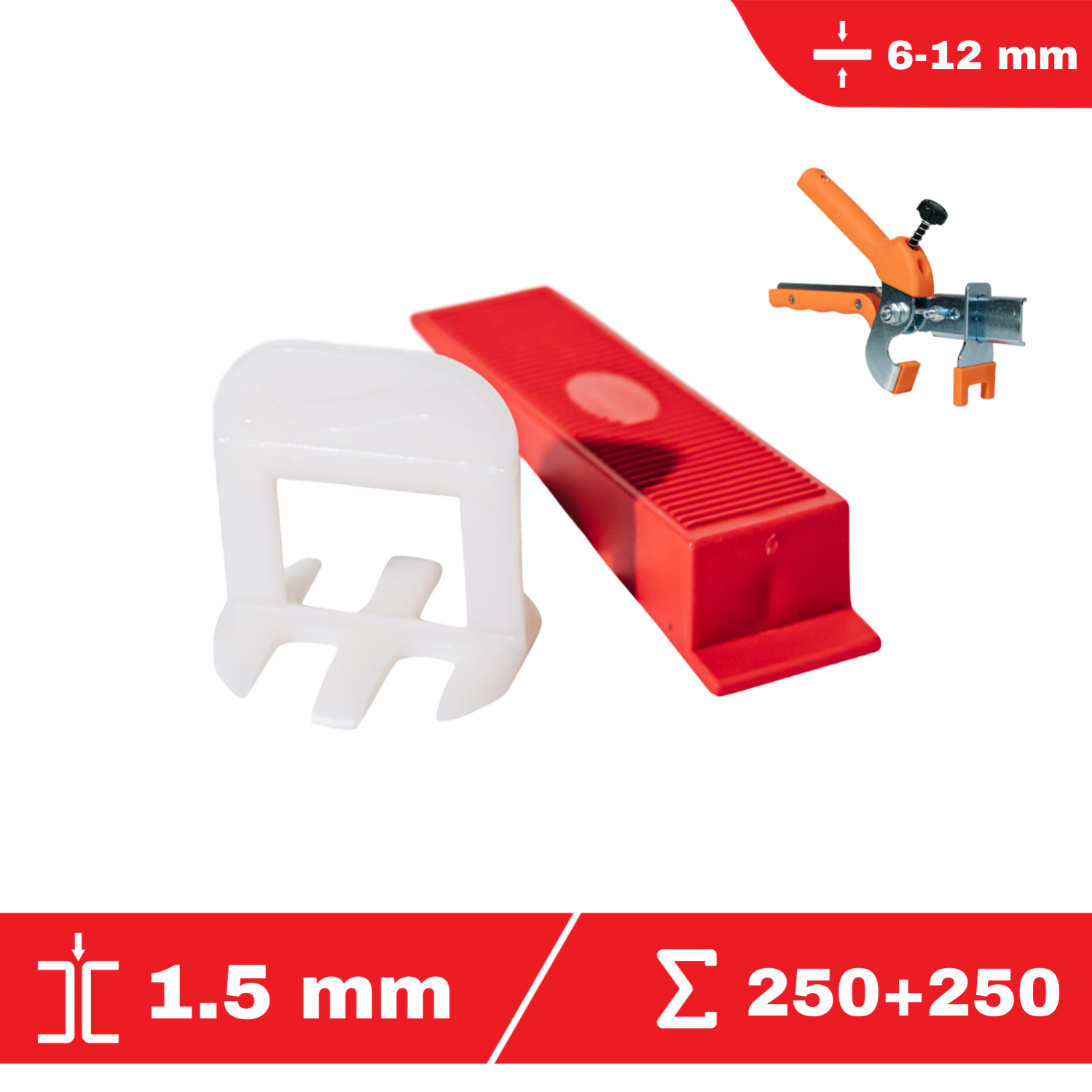 CLIP-IT kit 1,5 mm - 250 croisillons à cale autonivelants + 250 cales + 1 pince en métal - FLAT-PRO - système de nivellement de carrelage