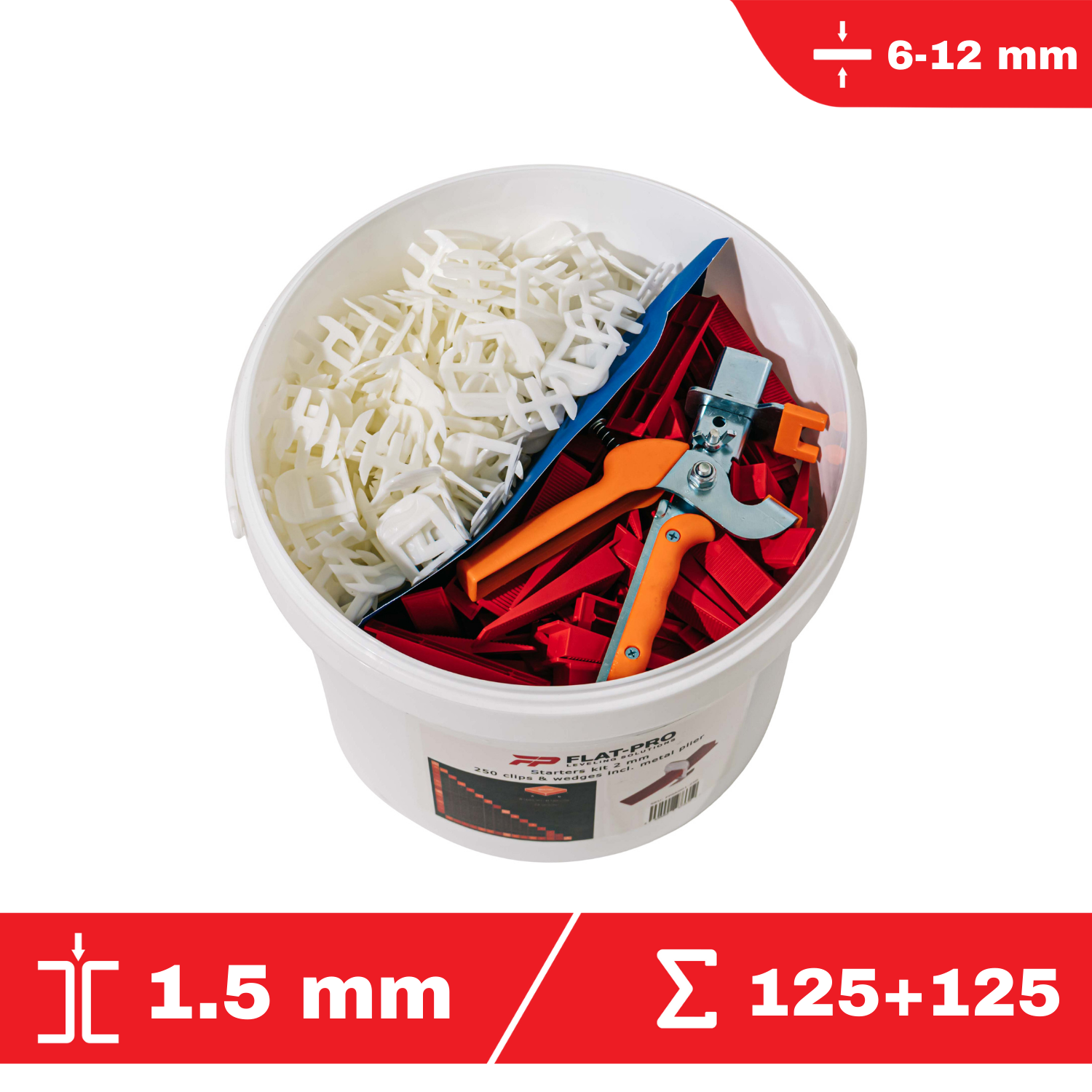 CLIP-IT kit 1,5 mm - 125 croisillons à cale autonivelants + 125 cales + 1 pince en métal - FLAT-PRO - système de nivellement de carrelage