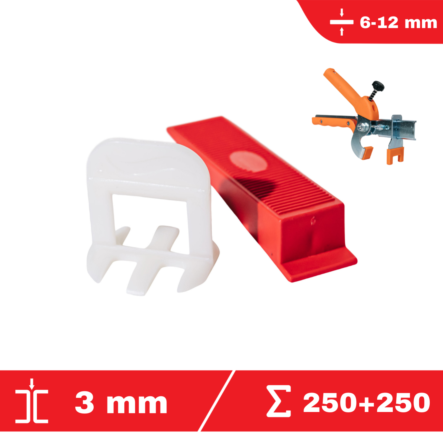 CLIP-IT kit 3 mm - 250 croisillons à cale autonivelants + 250 cales + 1 pince en métal - FLAT-PRO - système de nivellement de carrelage