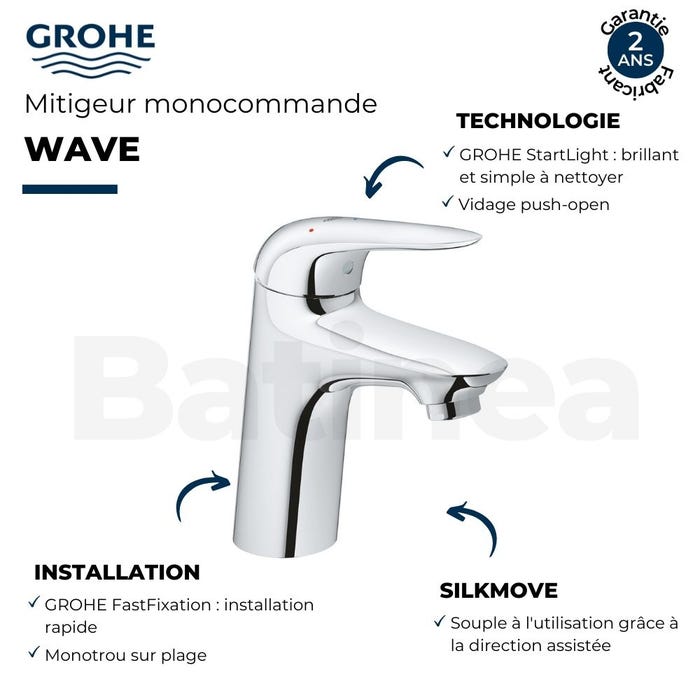 GROHE Mitigeur lavabo Wave taille S avec vidage Push-Open 2