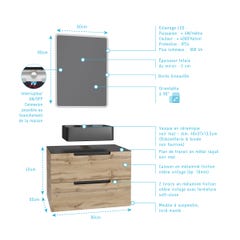 Meuble salle de bains 80 cm 2 tiroirs - Chêne et noir - Vasque rectangle - Miroir Led - OMEGA 3