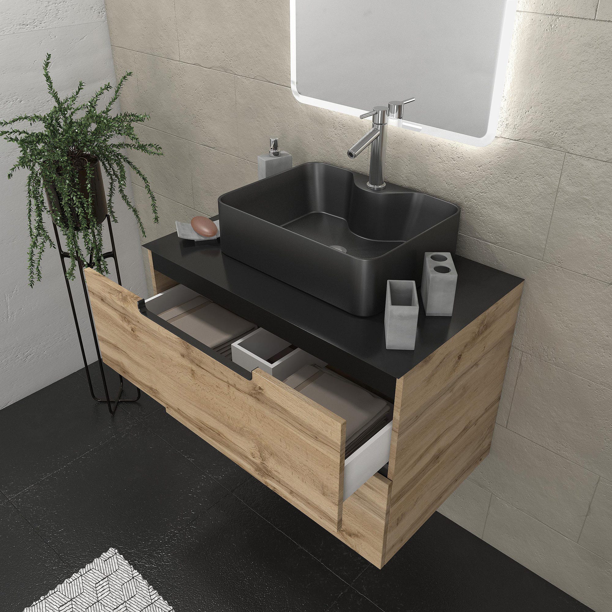 Meuble salle de bains 80 cm 2 tiroirs - Chêne et noir - Vasque rectangle - Miroir Led - OMEGA 1