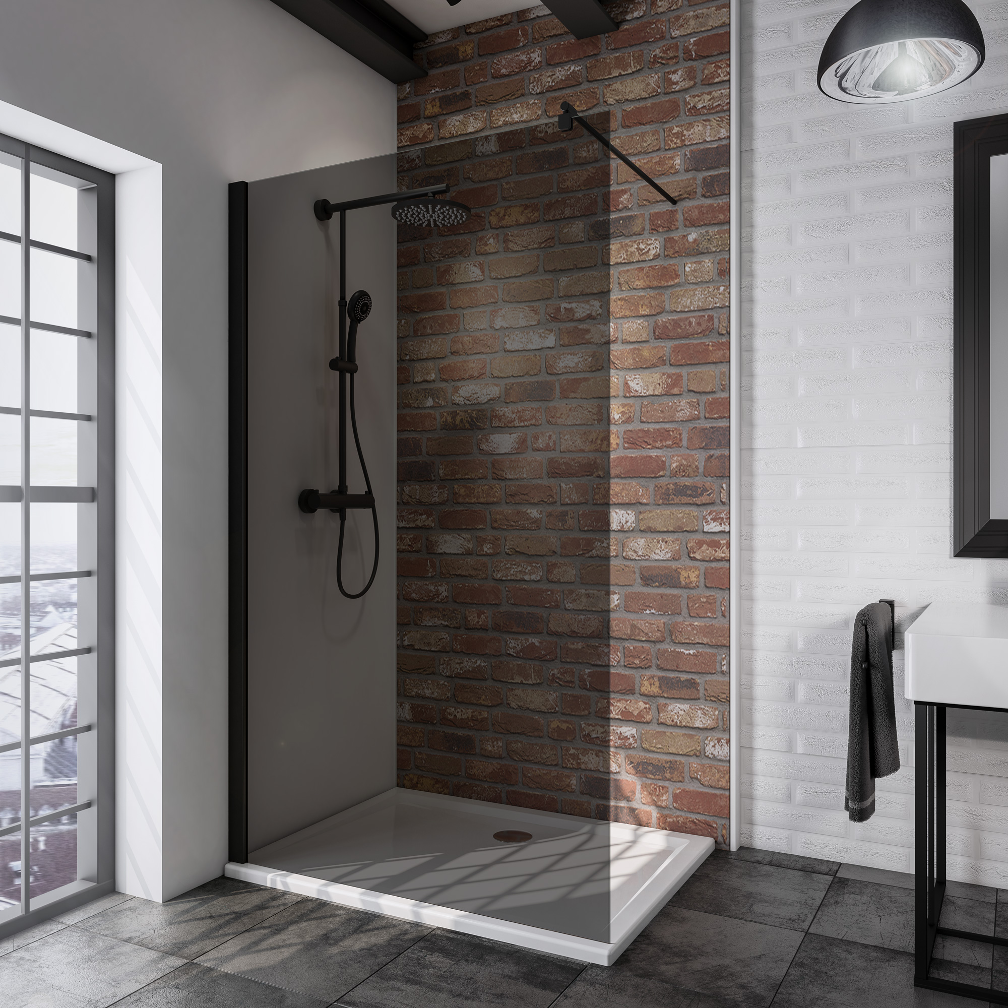 Schulte paroi de douche à l'italienne, 120 x 200 cm, verre fumé 6 mm, profilé noir, Walk In style industriel