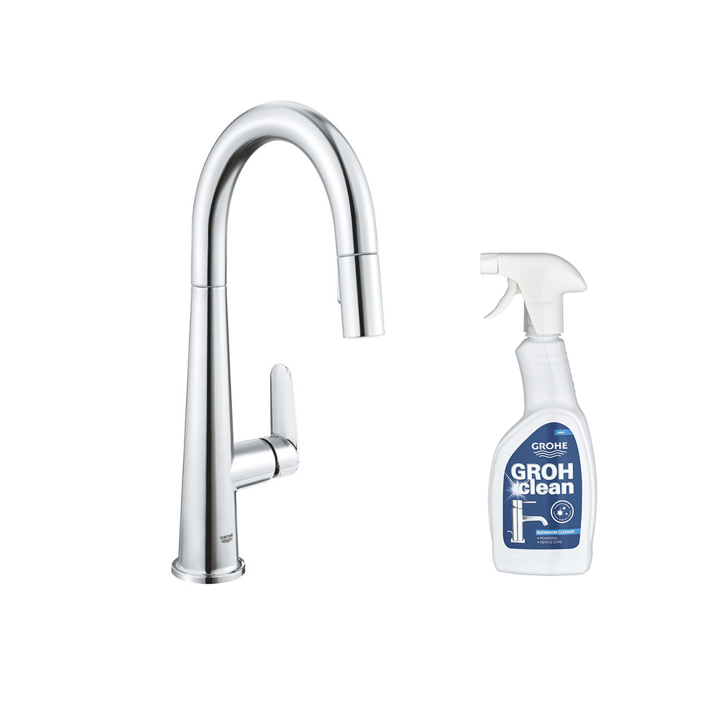 Mitigeur cuisine Veletto Bec haut Chromé douchette extractible + nettoyant robinetterie GrohClean