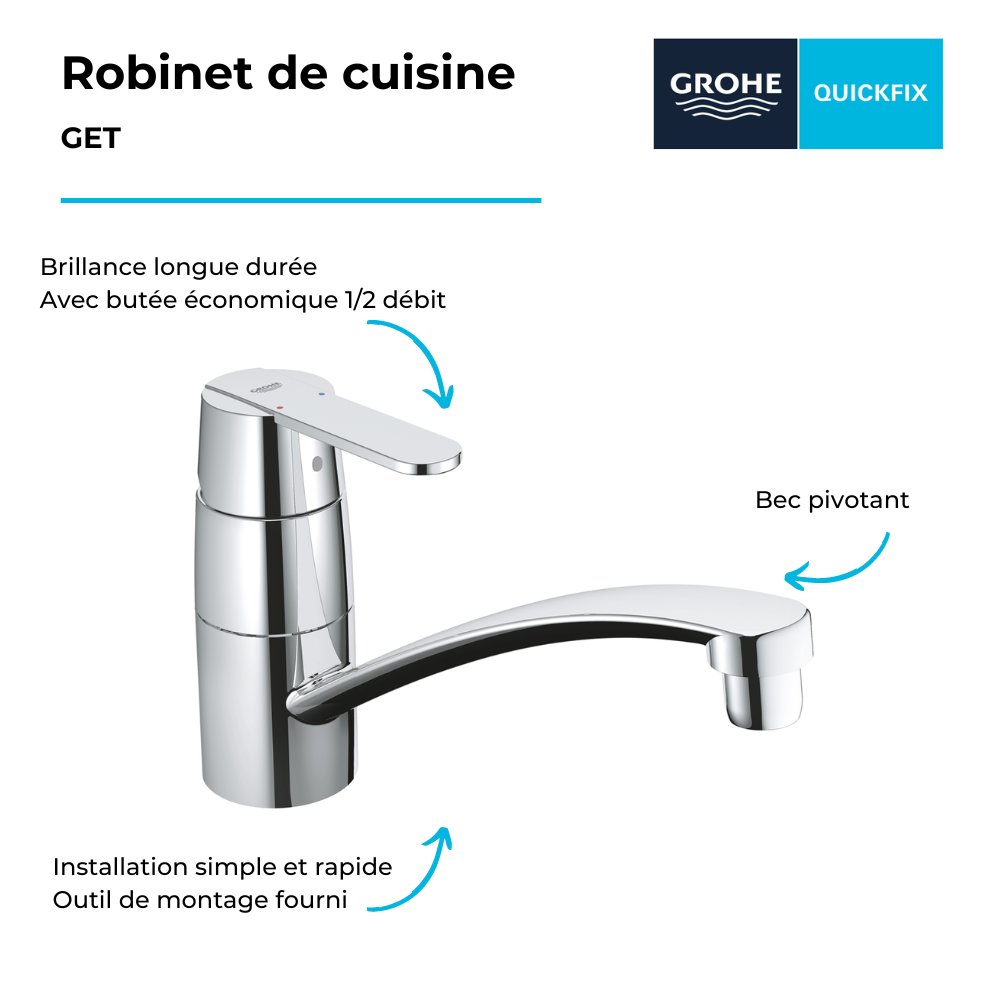 Robinet de cuisine GROHE Get Quickfix chromé + nettoyant GrohClean 2