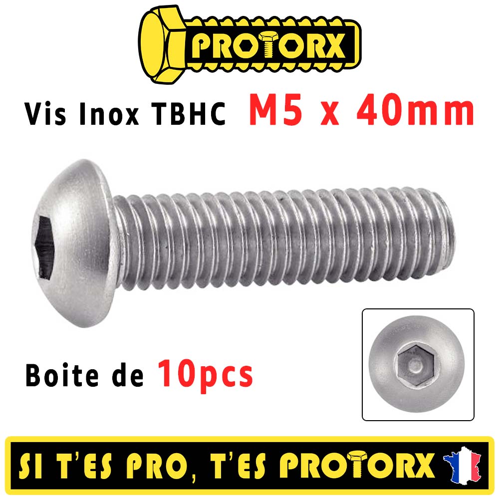 Vis Inox À Métaux Tête Bombee Six Pans Creux M5 x 40mm : Boite 10pcs (TBHC) | Hexagonale Cylindrique - Acier Inoxydable Metal A2 | PROTORX 4
