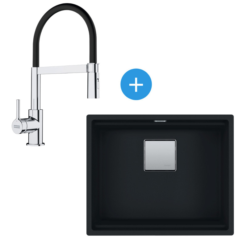 Franke Kubus Evier sous plan 56x46cm Fragranit+, Noir mat + Mitigeur cuisine 205x410mm semi-pro avec douchette extractible, Chrome/Noir