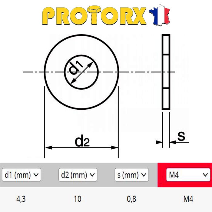 RONDELLE Plate MOYENNE M4 x 40pcs | Diam. int = 4,3mm x Diam.ext = 10mm | Acier Inox A2 | Usage Exterieur-Intérieur | Norme NFE 25514 | PROTORX 1