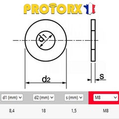 RONDELLE Plate MOYENNE M8 x 20pcs | Diam. int = 8,4mm x Diam. ext = 18mm | Acier Inox A2 | Usage Exterieur-Intérieur | Norme NFE 25514 | PROTORX 1