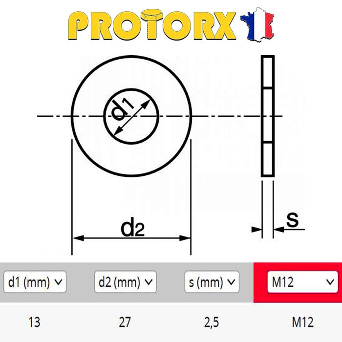 RONDELLE Plate MOYENNE M12 x 20pcs | Diam. int = 13mm x Diam. ext = 27mm | Acier Inox A2 | Usage Exterieur-Intérieur | Norme NFE 25514 | PROTORX 1