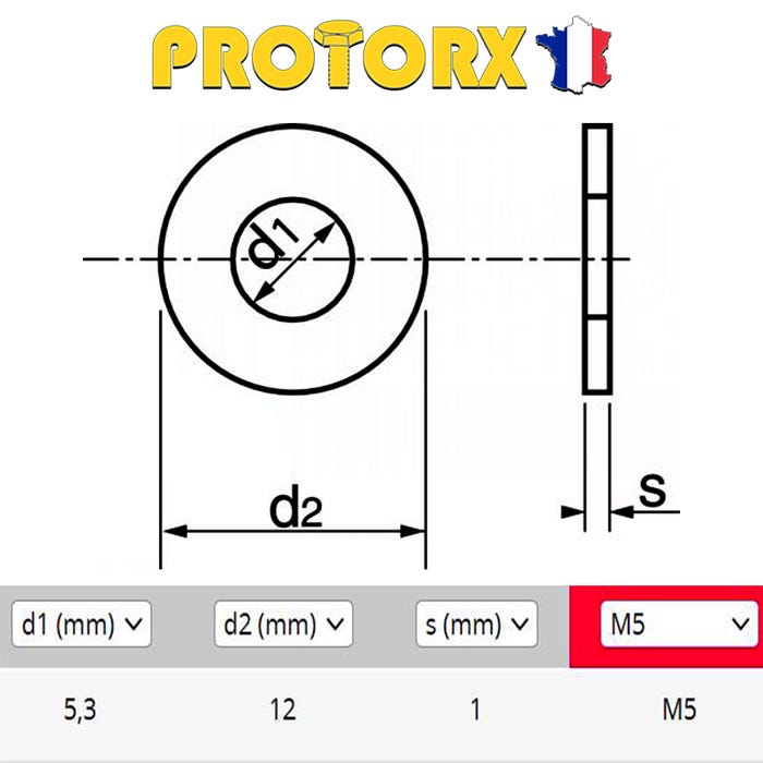 RONDELLE Plate MOYENNE M5 x 10pcs | Diam. int = 5,3mm x Diam. ext = 12mm | Acier Inox A2 | Usage Exterieur-Intérieur | Norme NFE 25514 | PROTORX 1