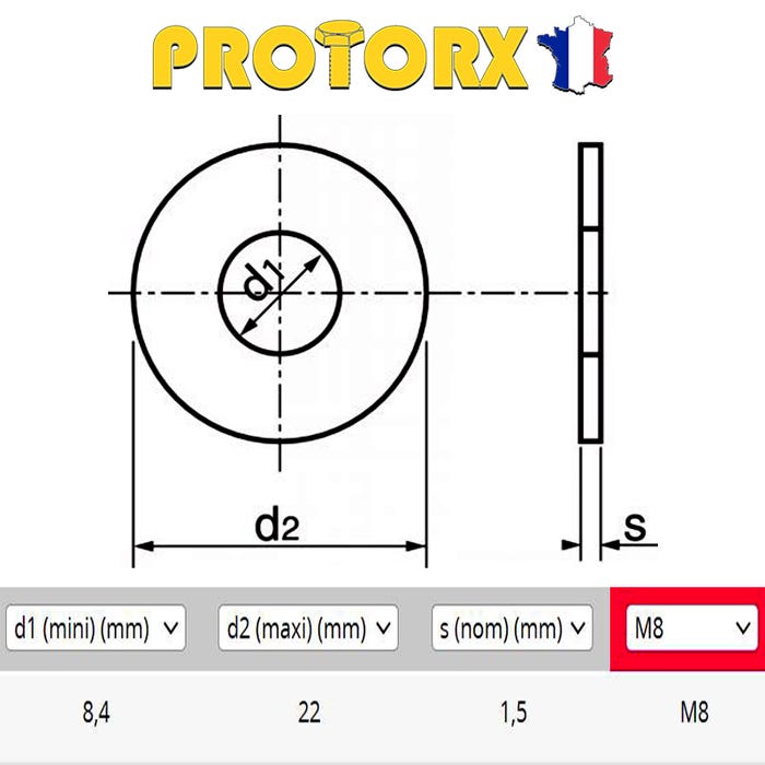 RONDELLE Plate LARGE "L" M8 x 10pcs | Diam. int =8,4mm x Diam. ext = 22mm | Acier Inox A2 | Usage Exterieur-Intérieur | Norme NFE 25514 | PROTORX 1