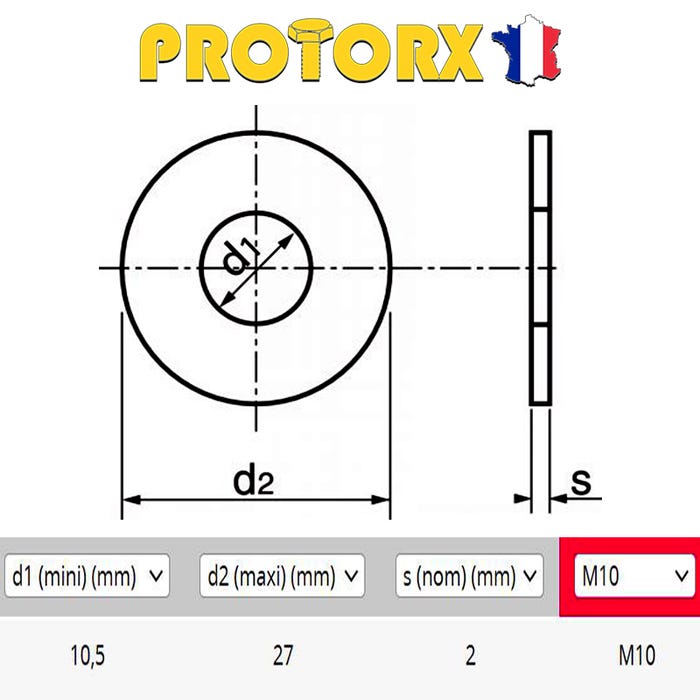 RONDELLE Plate LARGE "L" M10 x 20pcs | Diam. int =10,5mm x Diam. ext = 27mm | Acier Inox A2 | Usage Exterieur-Intérieur | Norme NFE 25514 | PROTORX 1