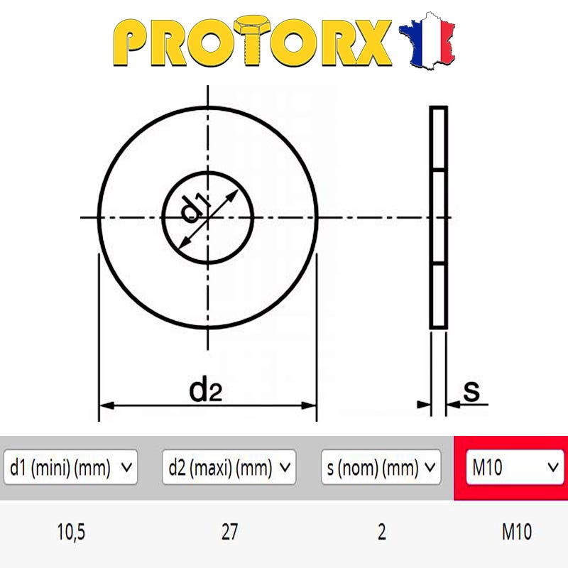 RONDELLE Plate LARGE "L" M10 x 10pcs | Diam. int =10,5mm x Diam. ext = 27mm | Acier Inox A2 | Usage Exterieur-Intérieur | Norme NFE 25514 | PROTORX 1