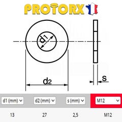 RONDELLE Plate MOYENNE M12 x 10pcs | Diam. int = 13mm x Diam. ext = 27mm | Acier Inox A2 | Usage Exterieur-Intérieur | Norme NFE 25514 | PROTORX 1