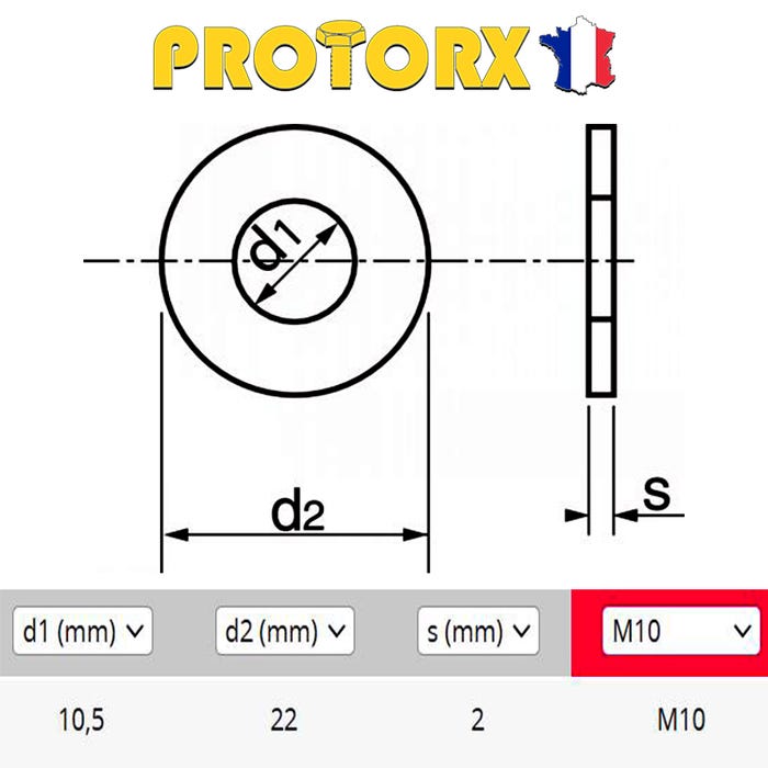 RONDELLE Plate MOYENNE M10 x 10pcs | Diam. int = 10,5mm x Diam. ext = 22mm | Acier Inox A2 | Usage Exterieur-Intérieur | Norme NFE 25514 | PROTORX 1