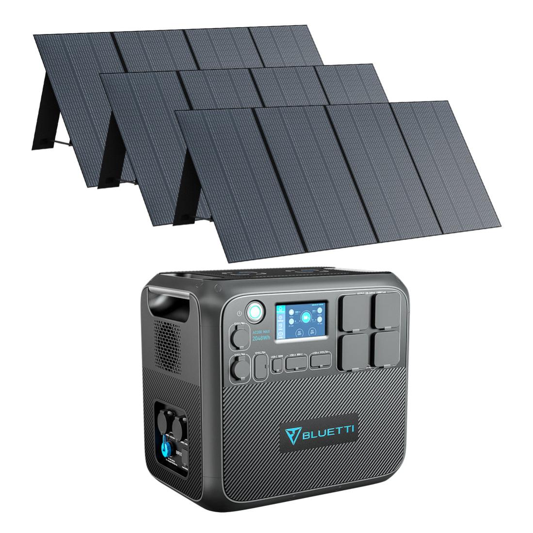 Kit complet de génerateur solaire BLUETTI Station énergie AC200MAX 2200W/2048Wh avec 3pcs panneaux solaires 350W