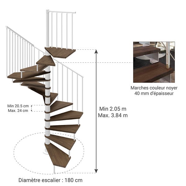 Escalier hélicoïdal 10 marches - Hauteur à franchir 2.05 à 2.40m - Diamètre 180cm - Noyer et anthracite - Trémie carrée - TEKLA180/NA-10 1