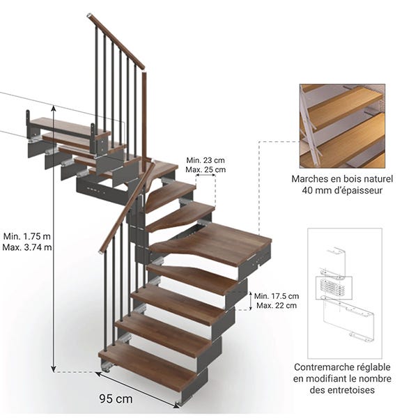Escalier tournant 16 marches - Hauteur à franchir de 2.98 à 3.74m - Largeur 95cm - Couleur noyer et anthracite - Rampe verticale - COMPO95/U/NA-RV-16 1