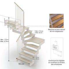 Escalier tournant 12 marches - Hauteur à franchir de 2.28 à 2.86m - Largeur 95cm - Couleur bois et blanc - Rampe verticale - COMPO95/U/BB-RV-12 1