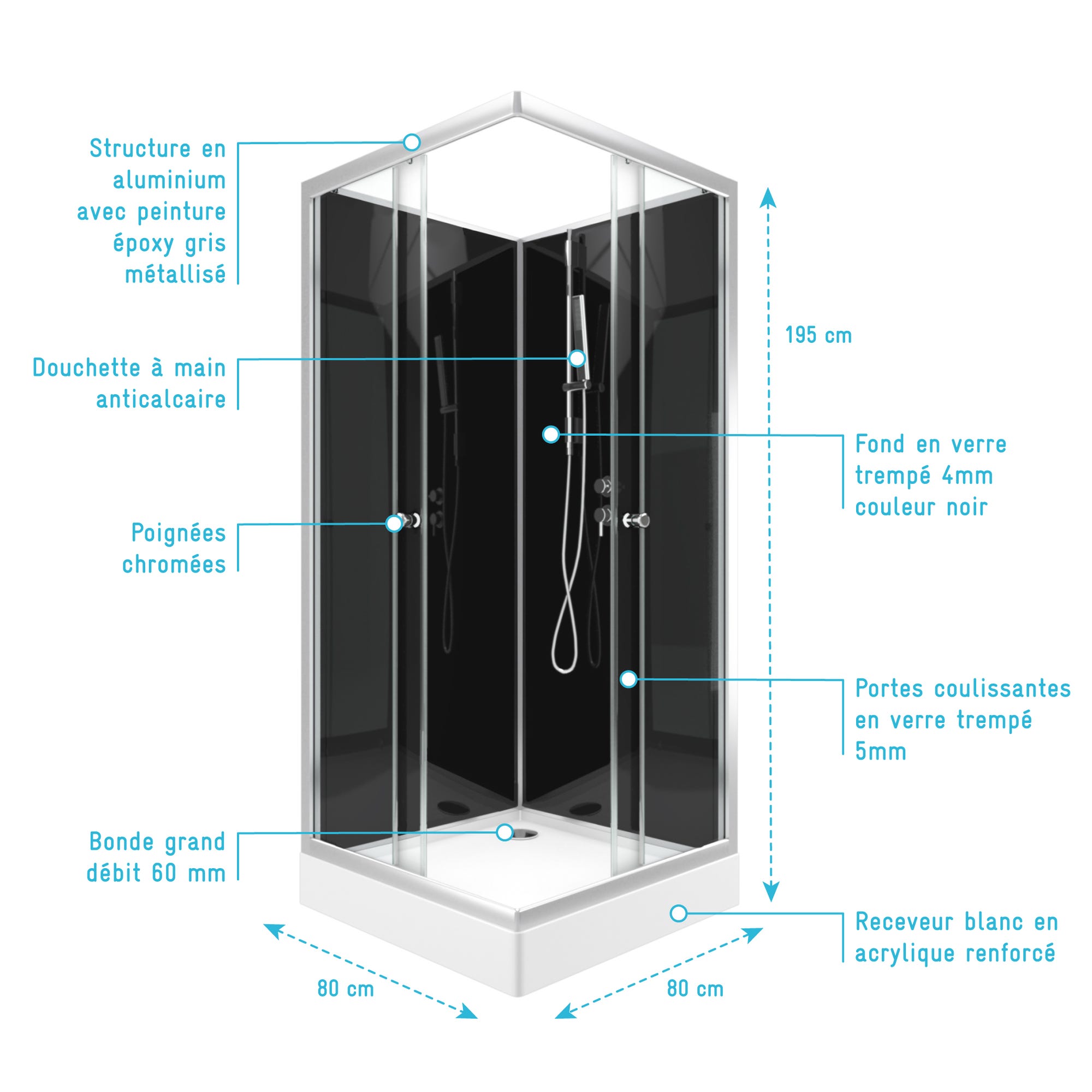 Cabine de douche carrée 80x80x195 - Portes coulissantes en verre trempé 5mm - SQUARY BLACK 2 3