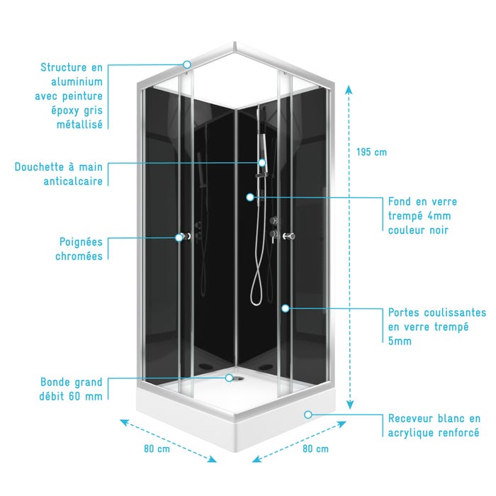 Cabine de douche carrée 80x80x195 - Portes coulissantes en verre trempé 5mm - SQUARY BLACK 2 3