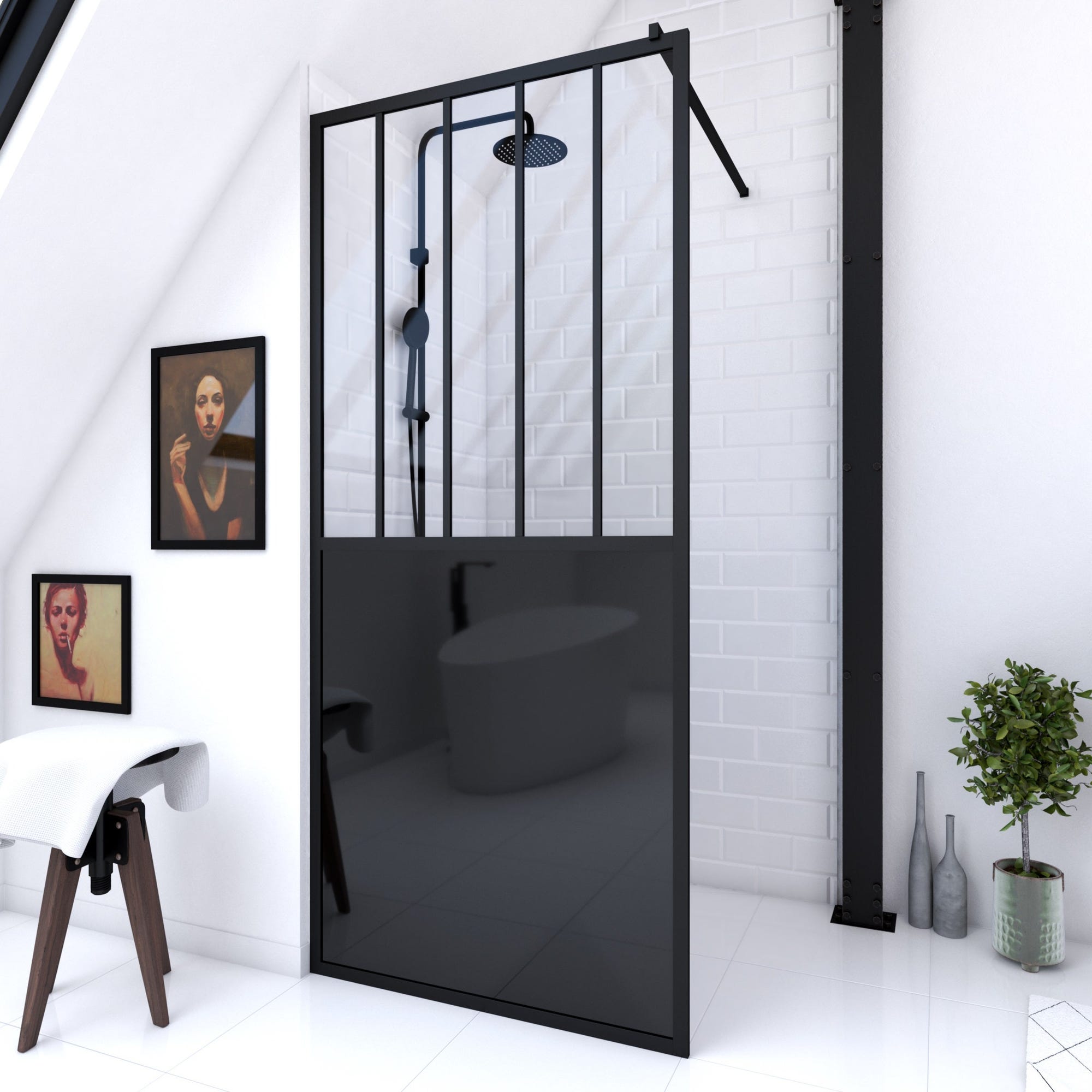 Paroi de douche 90x200 cm type verrieres - verre trempe et structure aluminium noir mat 0