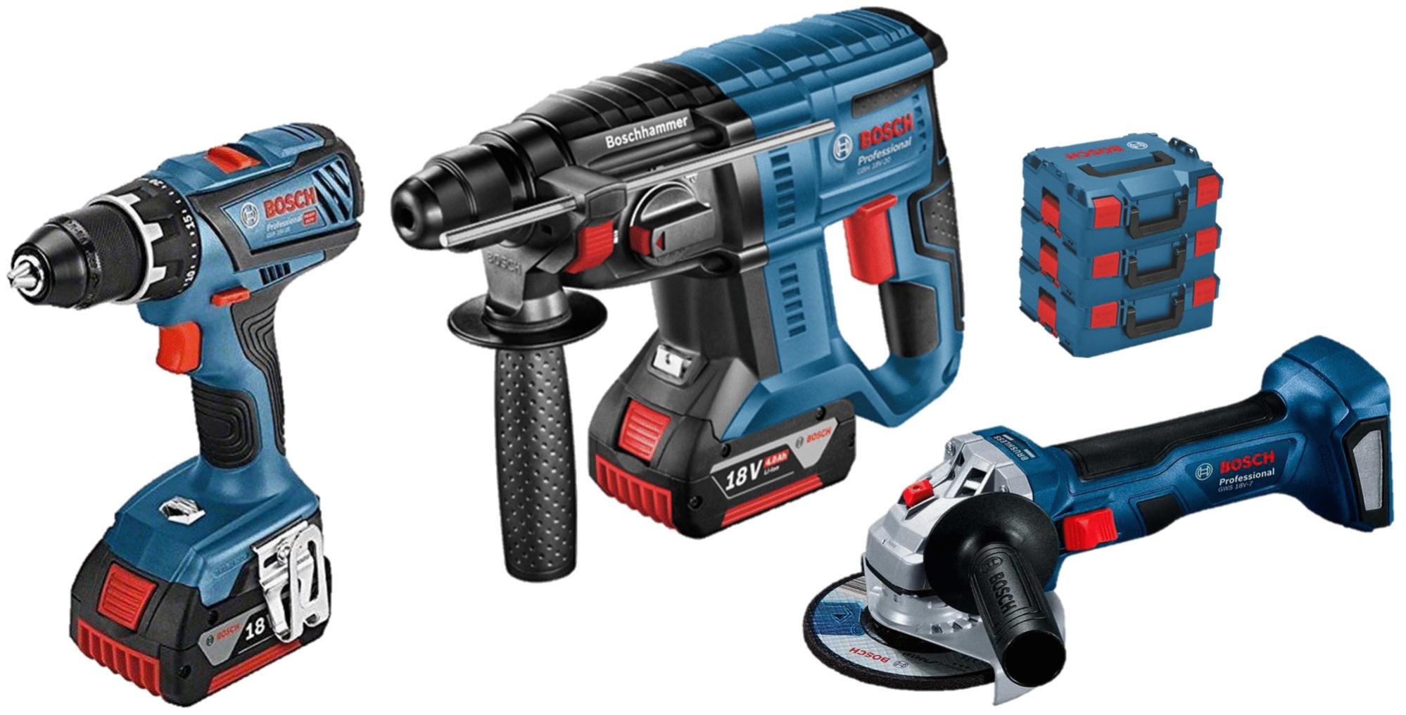 Pack de 3 outils 18 V (GSR28/GBH21/GWS7) + 2x4 Ah en coffret L-BOXX - BOSCH