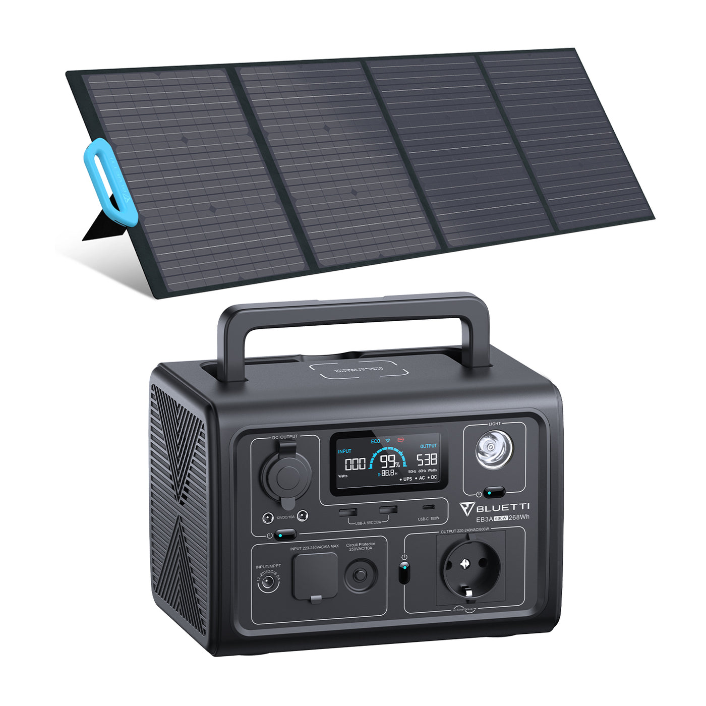 BLUETTI Kit de Générateur solaire portable EB3A 600W 268Wh avec 1pc panneau solaire 120W