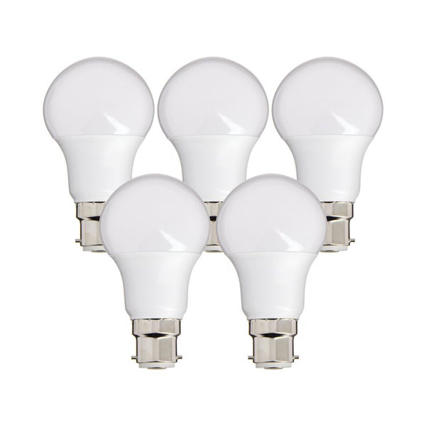 Lot de 5 ampoules LED culot B22, conso. 9W (équivalent 60W), 806 lumens, blanc chaud 0