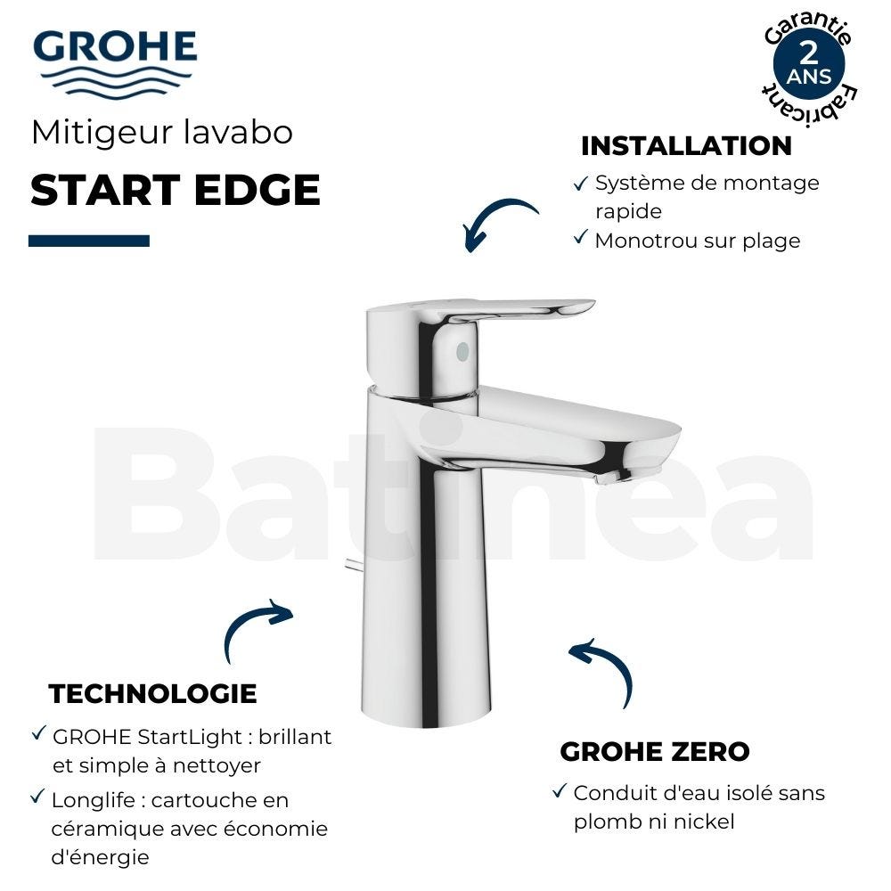 Mitigeur lavabo GROHE Quickfix Start Edge taille M + nettoyant GrohClean 2