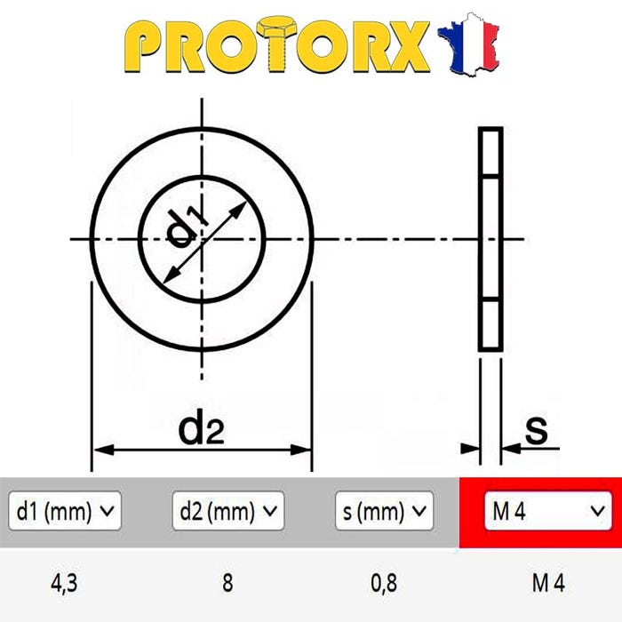 RONDELLE Plate ÉTROITE "Z" M4 x 40pcs | Diam. int = 4,3mm x Diam. ext = 8mm | Acier Inox A2 | Usage Exterieur-Intérieur | Norme NFE 25514 1