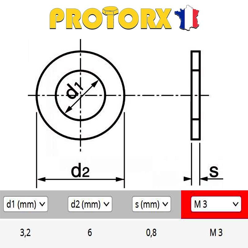 RONDELLE Plate ÉTROITE "Z" M3 x 50pcs | Diam. int = 3,2mm x Diam. ext = 6mm | Acier Inox A2 | Usage Exterieur-Intérieur | Norme NFE 25514 1