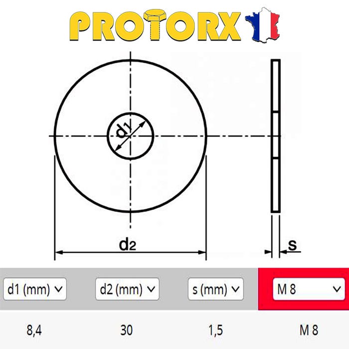 RONDELLE Plate EXTRA LARGE "LL" M8 x 20pcs | Diam. int = 8,4mm x Diam. ext = 30mm | Acier Inox A2 | Usage Exterieur-Intérieur | Norme NFE25513 1