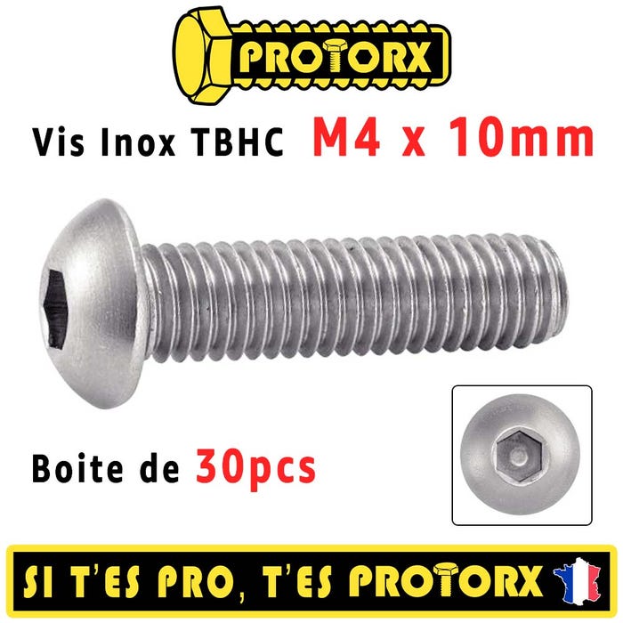 Vis Inox À Métaux Tête Bombee Six Pans Creux M4 x 10mm : Boite 30pcs (TBHC) | Hexagonale Cylindrique - Acier Inoxydable Metal A2 | PROTORX 4