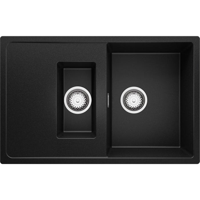 Evier Cuisine en Granit Noir, 78 x 50 cm, Lavabo 1,5 bac + Kit de Vidage, Évier à Encastrer de Primagran 0