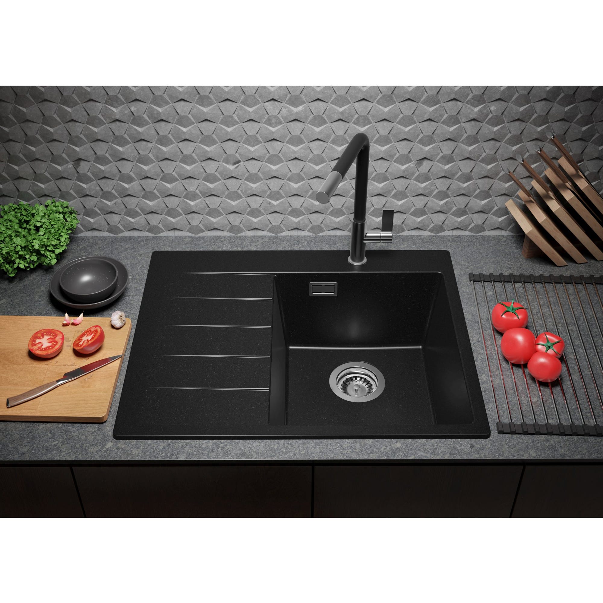 Evier Cuisine en Granit Noir, 62 x 50 cm, Lavabo 1 bac + Kit de Vidage, Évier à Encastrer de Primagran 3