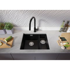 Evier Cuisine en Granit Noir, 55,5 x 45 cm, Lavabo 1,5 bac + Kit de Vidage, Évier à Encastrer de Primagran 1