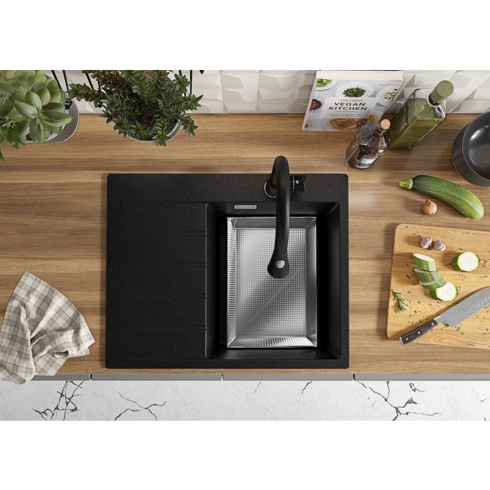 Evier Cuisine en Granit Noir Metallic, 62 x 50 cm, Lavabo 1 bac + Kit de Vidage, Évier à Encastrer de Primagran 7