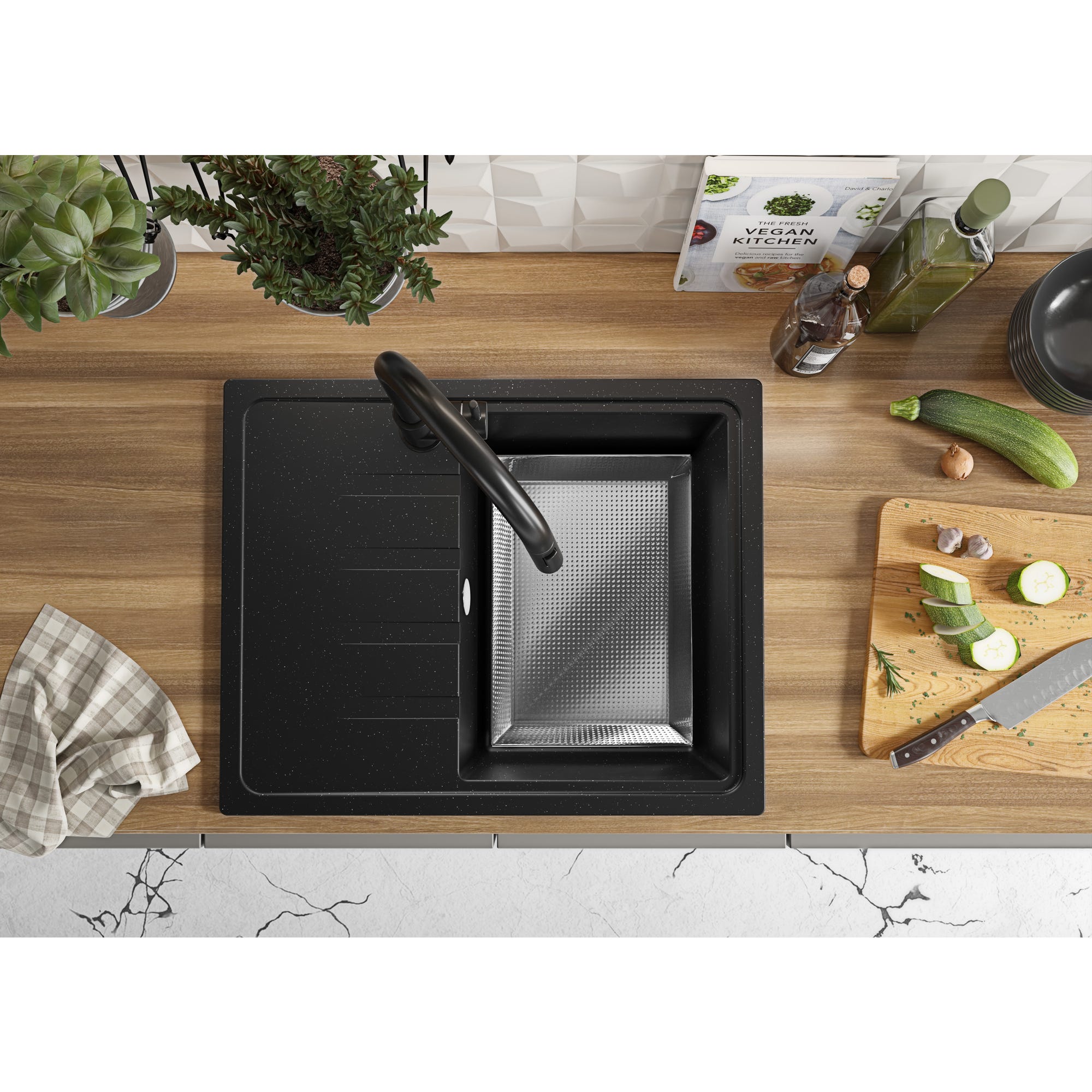 Evier Cuisine en Granit Noir Metallic, 62 x 50 cm, Lavabo 1 bac + Kit de Vidage, Évier à Encastrer Milan 620 de Primagran 3