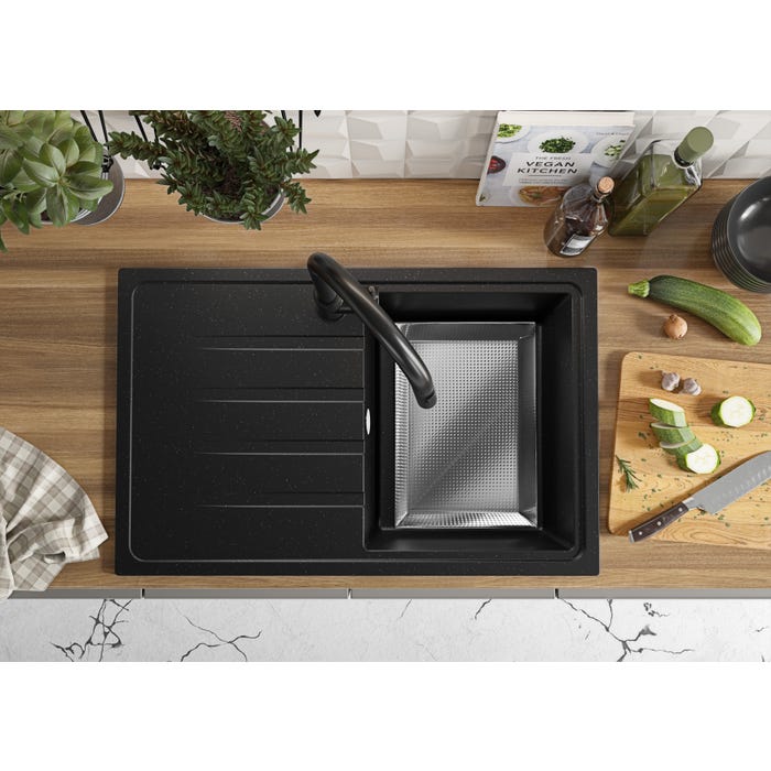 Evier Cuisine en Granit Noir Metallic, 78 x 50 cm, Lavabo 1 bac + Kit de Vidage, Évier à Encastrer Milan 780 de Primagran 3