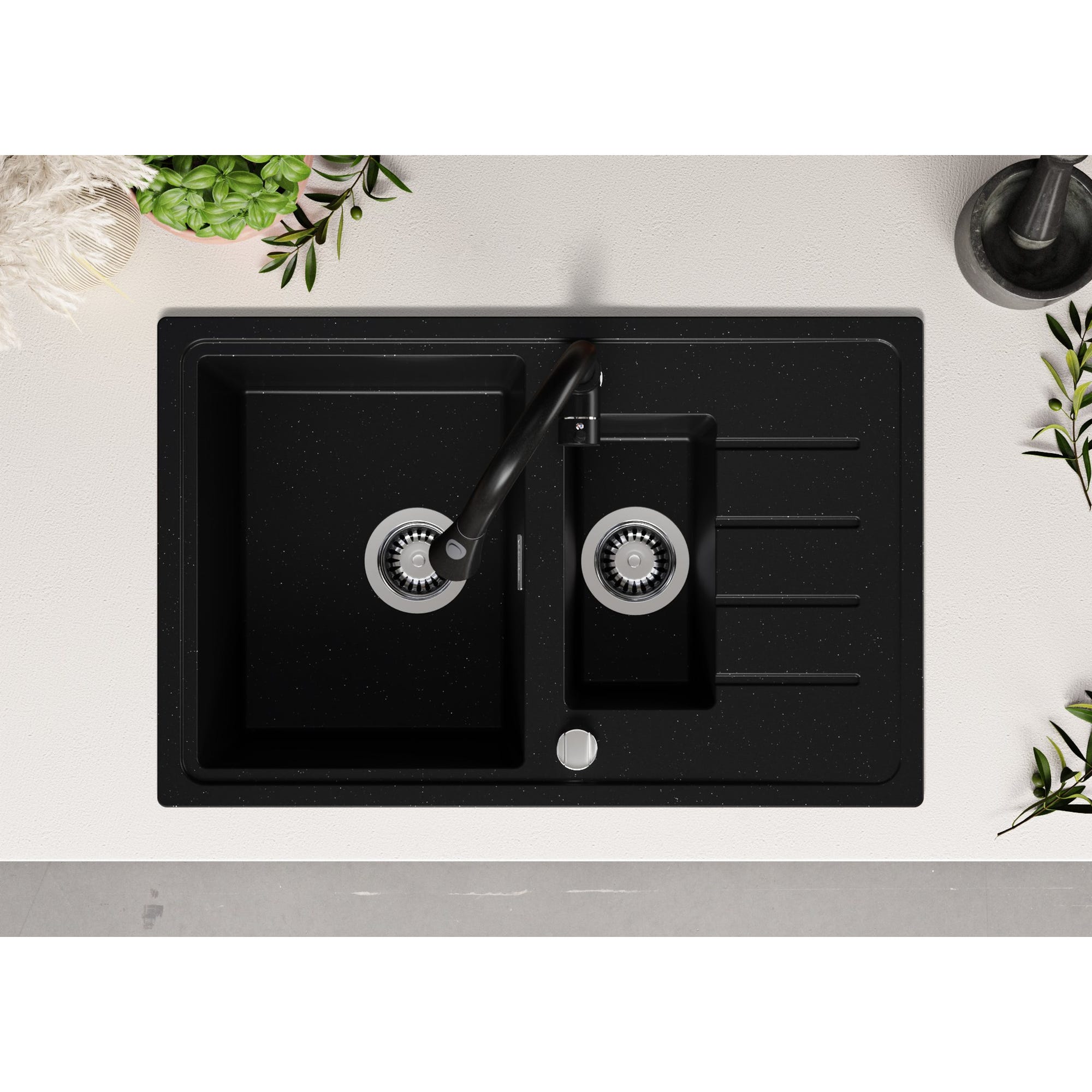 Evier Cuisine en Granit Noir Metallic, 78 x 50 cm, Lavabo 1,5 bac + Kit de Vidage, Évier à Encastrer de Primagran 3