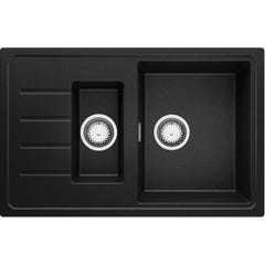 Evier Cuisine en Granit Noir Metallic, 78 x 50 cm, Lavabo 1,5 bac + Kit de Vidage, Évier à Encastrer de Primagran 0