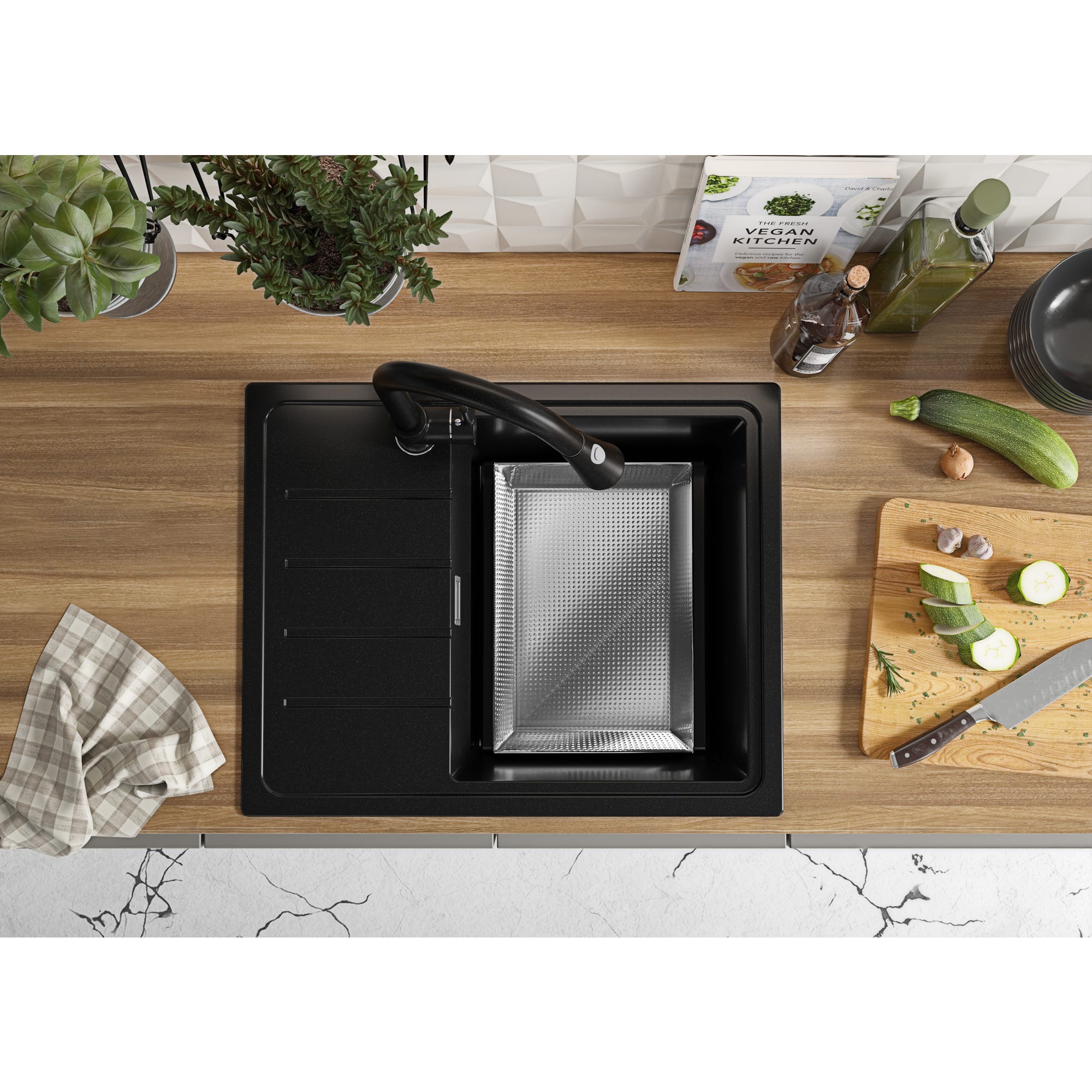 Evier Cuisine en Granit Noir, 62 x 50 cm, Lavabo 1 bac + Kit de Vidage, Évier à Encastrer Copenhague 620 de Primagran 2