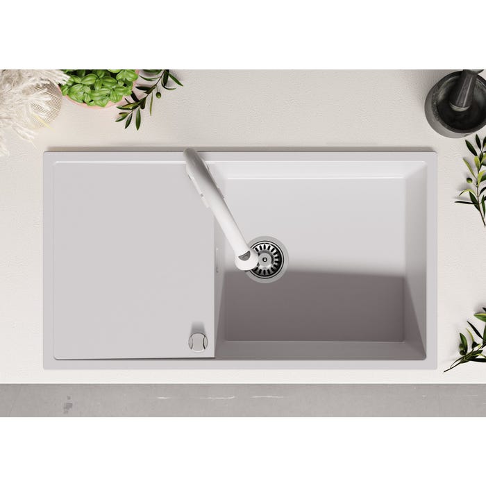 Evier Cuisine en Granit Blanc, 90 x 50 cm, Lavabo 1 bac XL + Kit de Vidage, Évier à Encastrer de Primagran 3