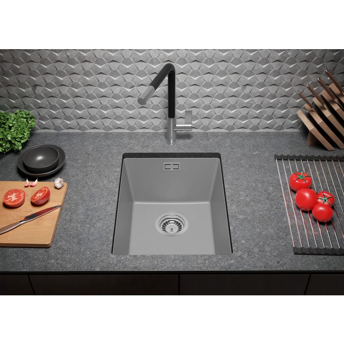 Evier Sous Plan Gris, 36 x 47 cm, Evier en Granit 1 bac + Kit de Vidage, Lavabo Cuisine de Primagran 3