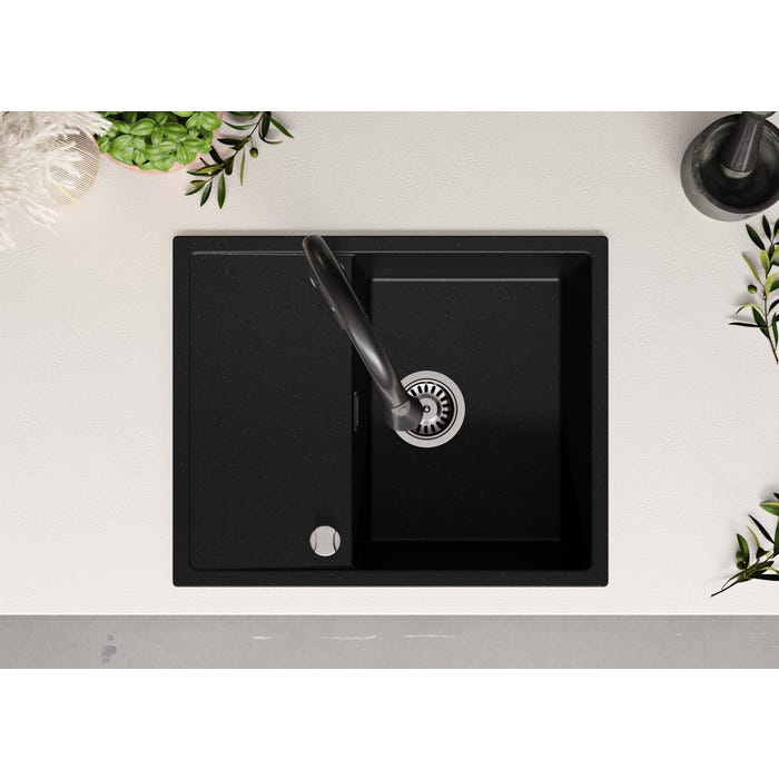 Evier Cuisine en Granit Noir Metallic, 62 x 50 cm, Lavabo 1 bac + Kit de Vidage, Évier à Encastrer Ibiza 620 de Primagran 3