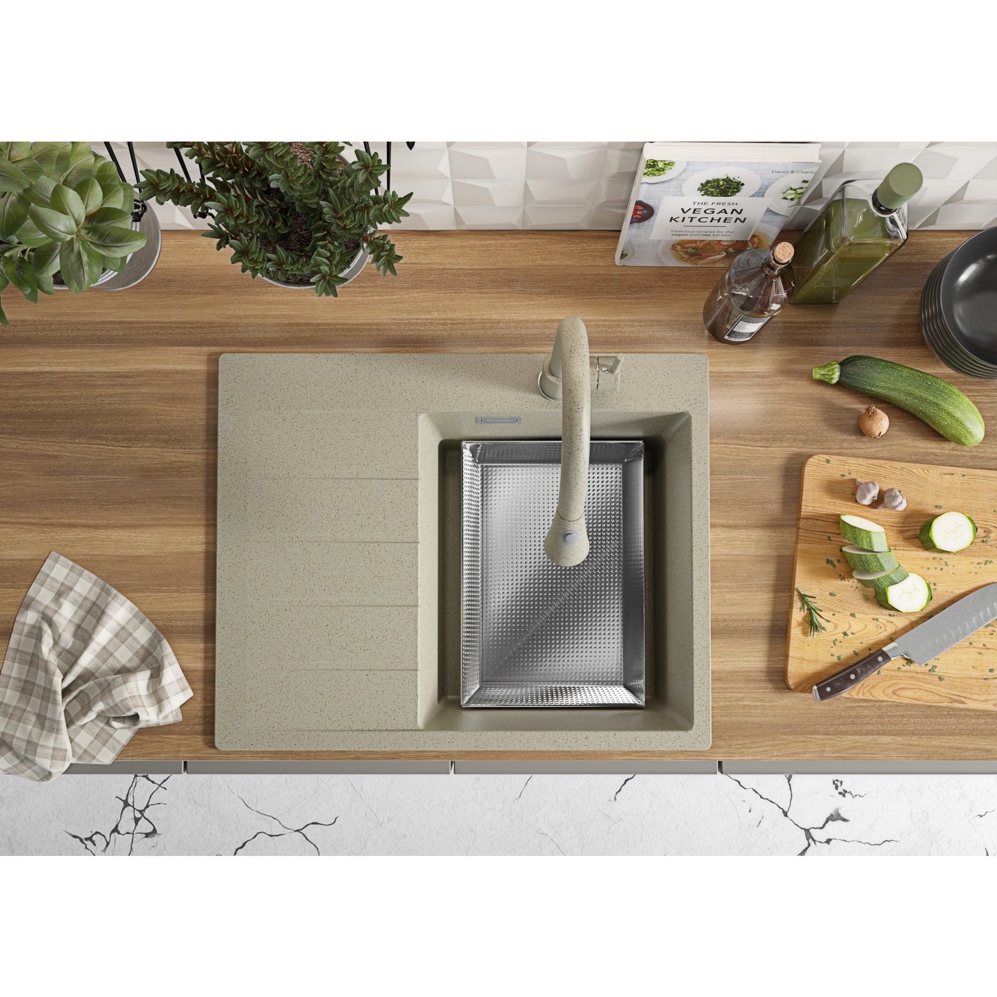 Evier Cuisine en Granit Beige, 62 x 50 cm, Lavabo 1 bac + Kit de Vidage, Évier à Encastrer de Primagran 7