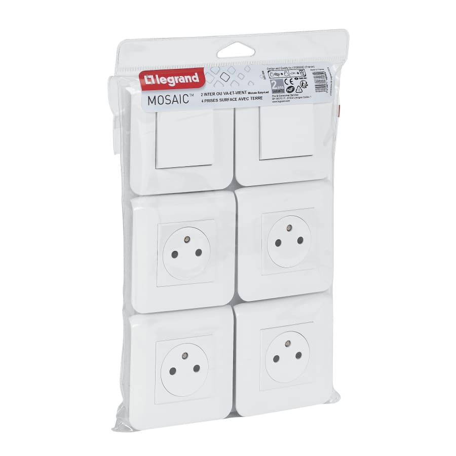 Lot de 4 prises de courant 2P+T 16A + 2 va-et-vient 10A complet Mosaic - Blanc