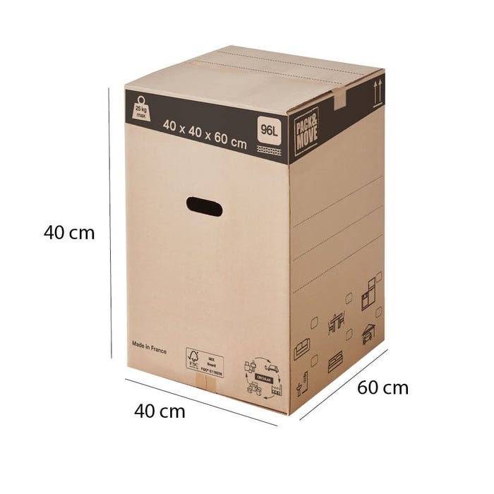 Lot de 60 cartons de déménagement hauts et renforcés - 96L, charge max 25kg - made in France + 3 adhésifs offerts 1